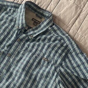 Eddie Bauer Men's Green and Blue Striped Shirt xL